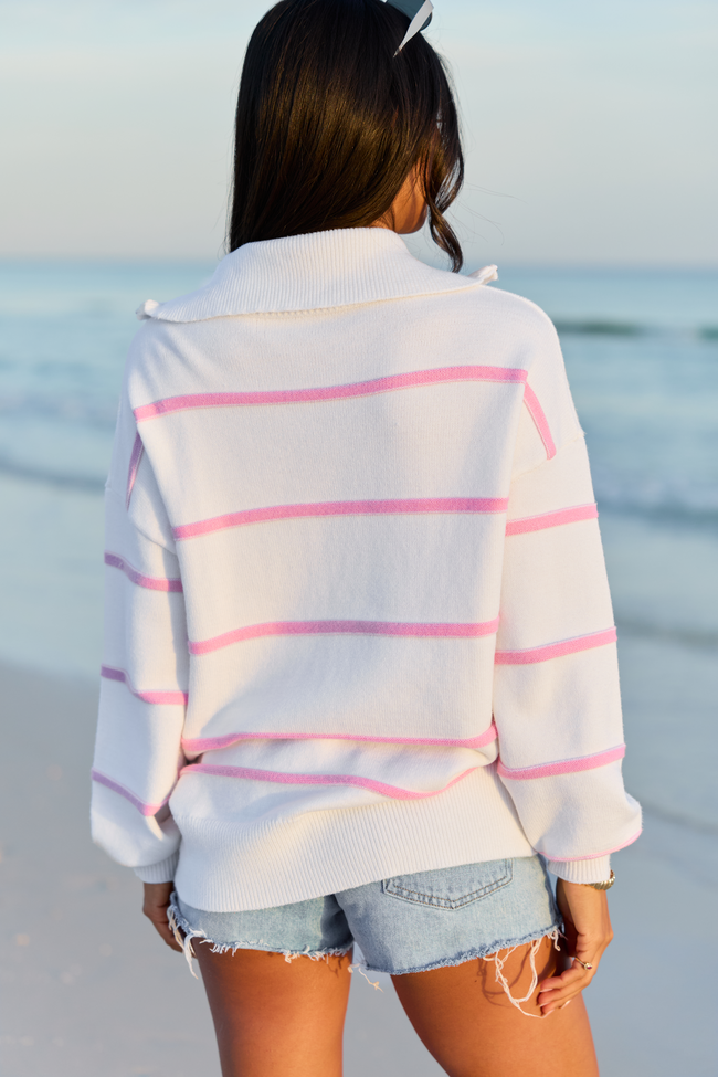 Sunday Stripe Club White And Pink Quarter Zip