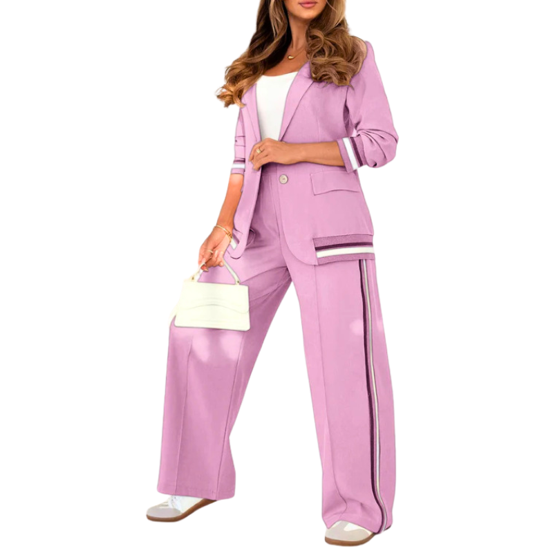 Elegant Patchwork Lapel Neck Top and Elastic Waist Trouser Set
