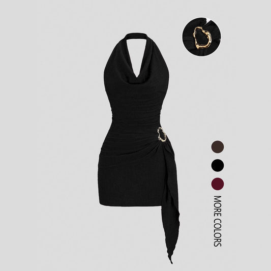 Sandra Cowl Neck Side Tie Mini Dress with Gold Buckle