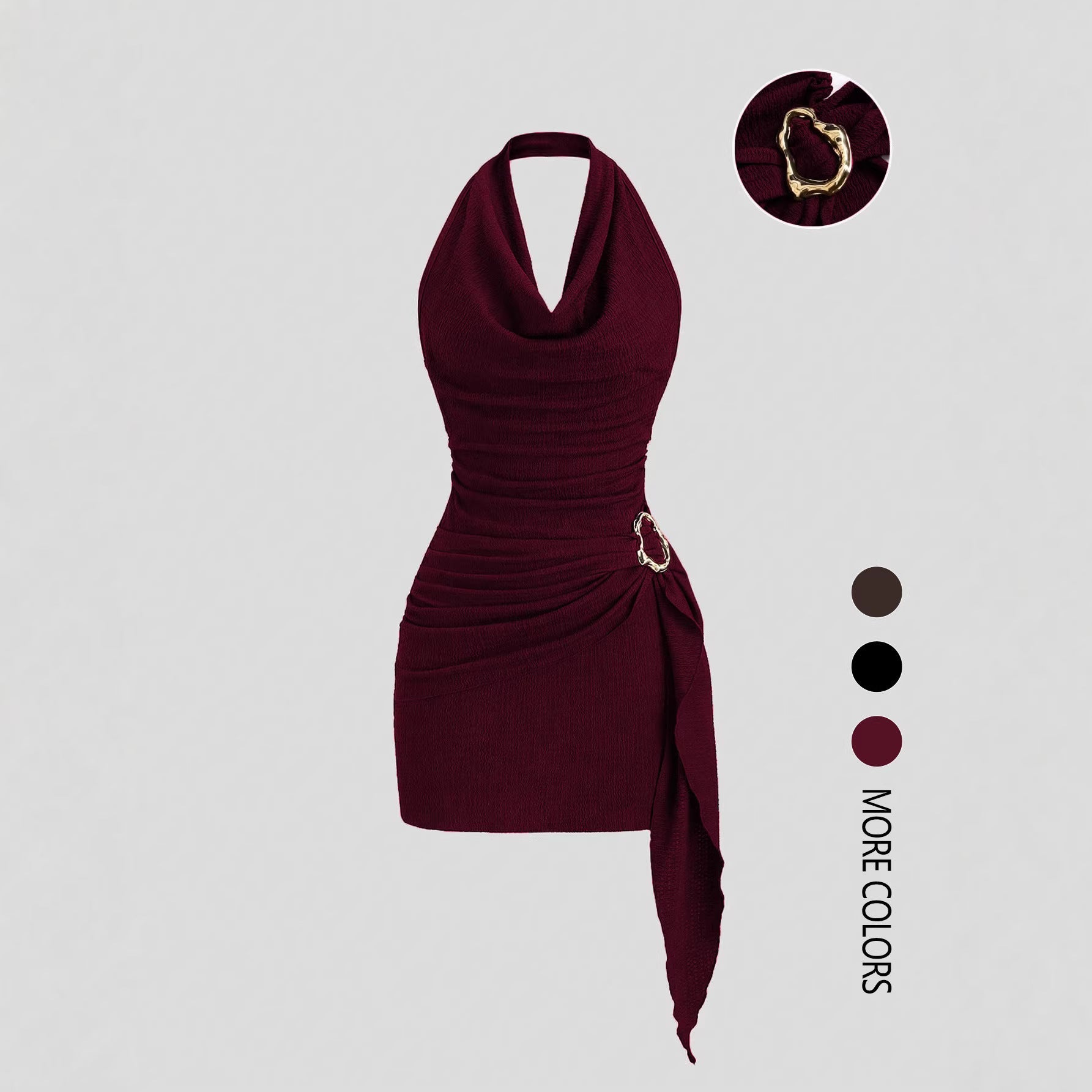 Sandra Cowl Neck Side Tie Mini Dress with Gold Buckle