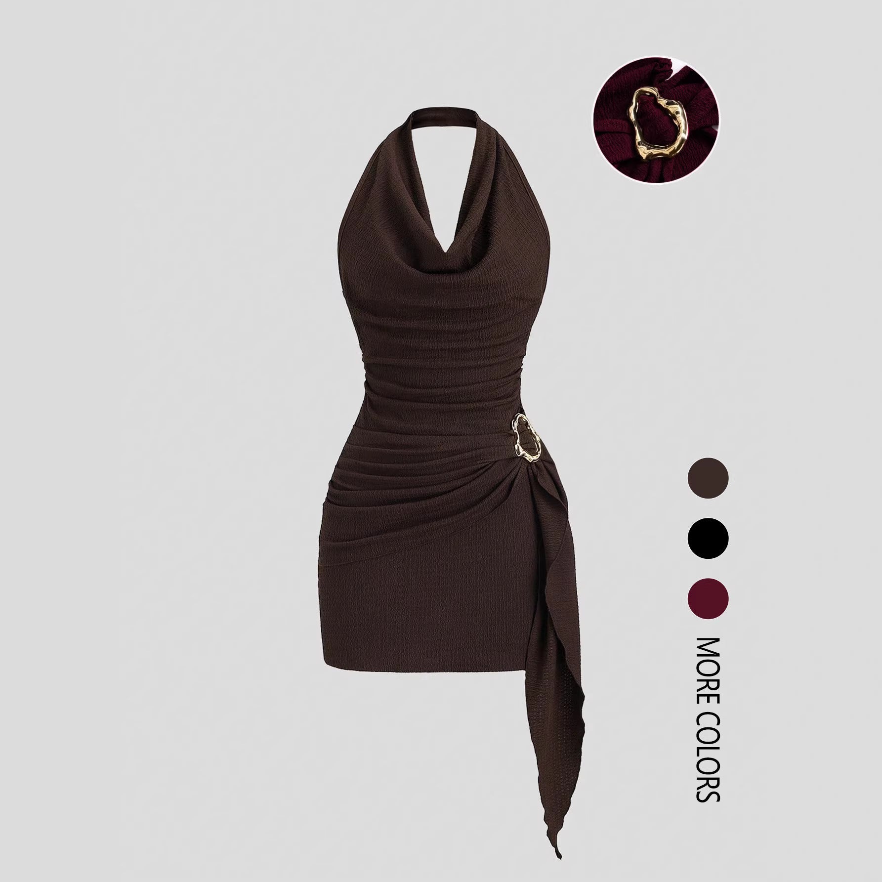 Sandra Cowl Neck Side Tie Mini Dress with Gold Buckle