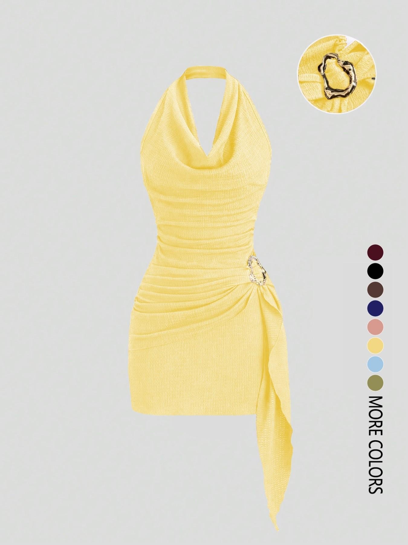 Sandra Cowl Neck Side Tie Mini Dress with Gold Buckle
