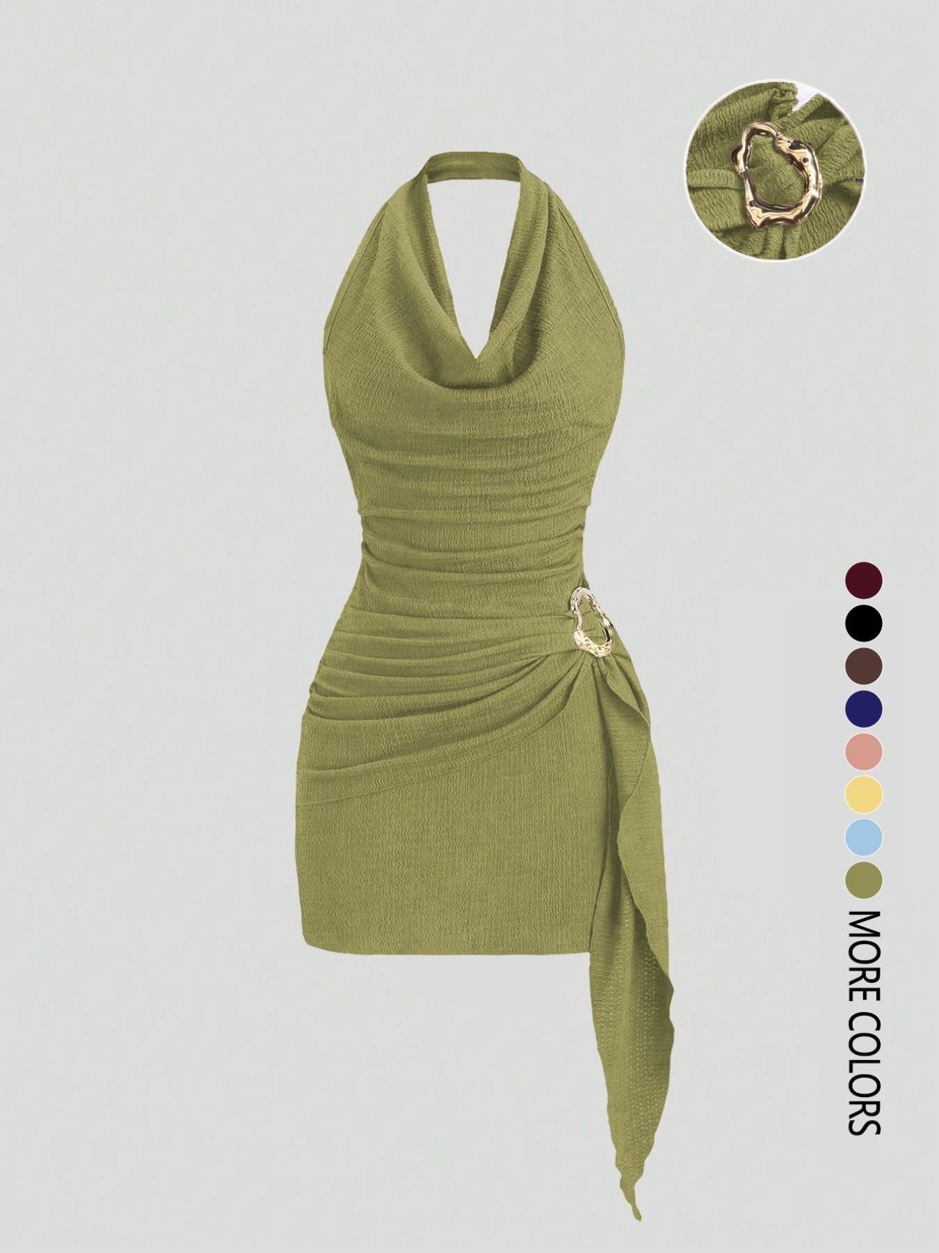 Sandra Cowl Neck Side Tie Mini Dress with Gold Buckle