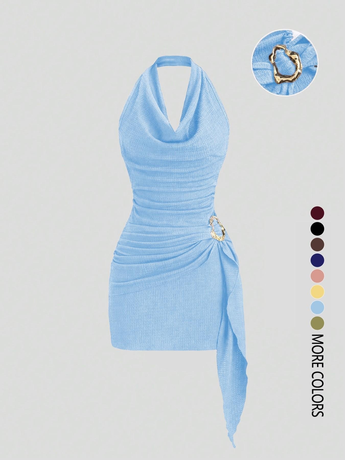 Sandra Cowl Neck Side Tie Mini Dress with Gold Buckle