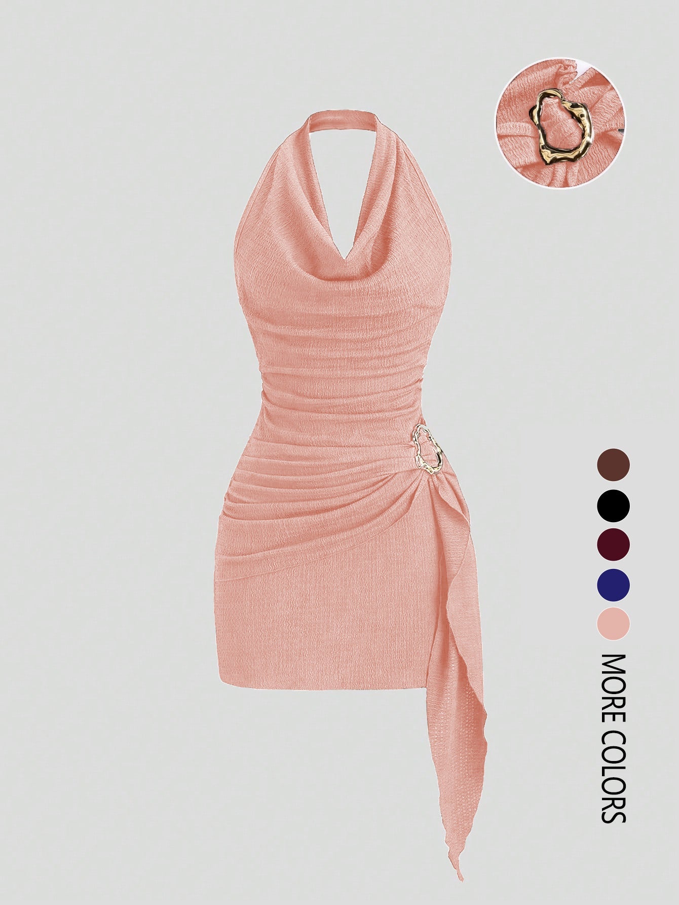Sandra Cowl Neck Side Tie Mini Dress with Gold Buckle
