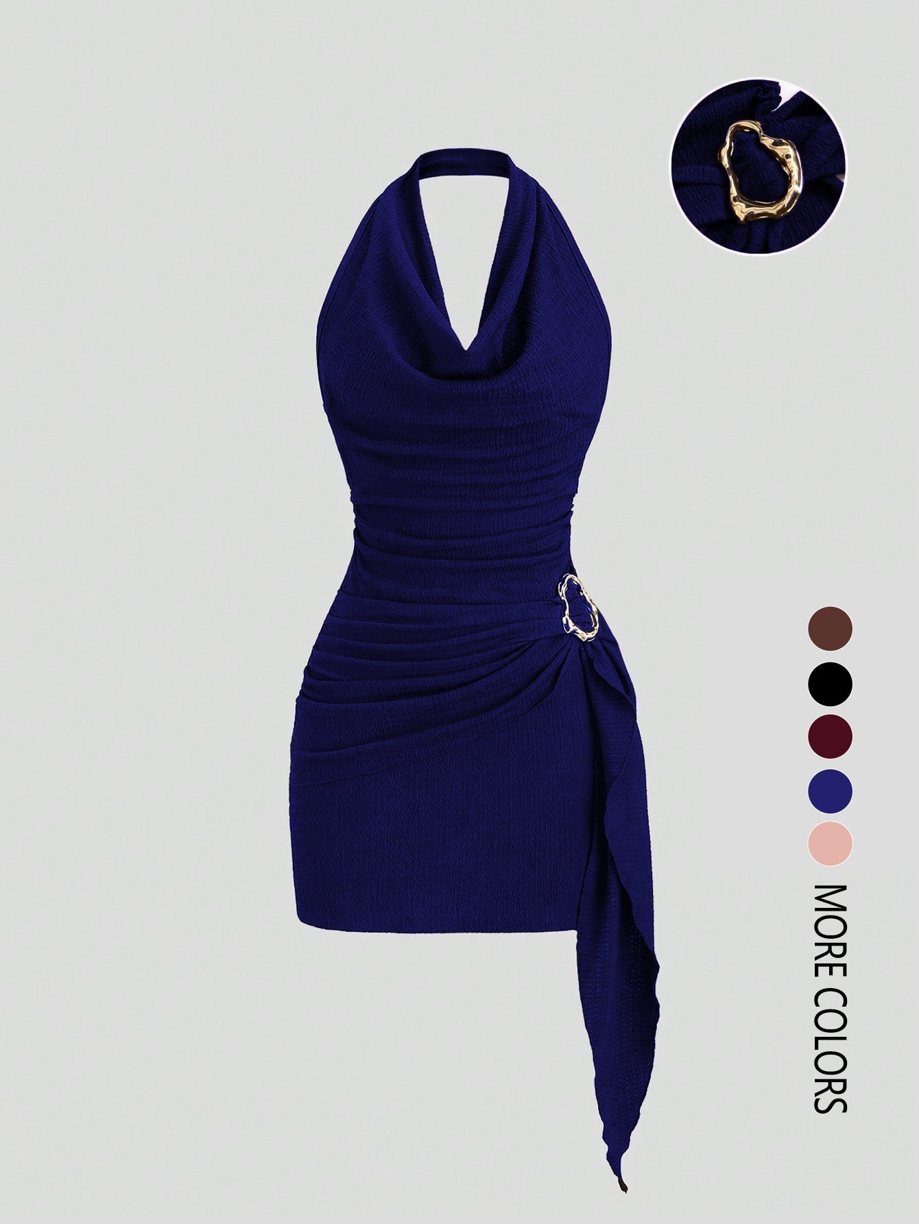 Sandra Cowl Neck Side Tie Mini Dress with Gold Buckle