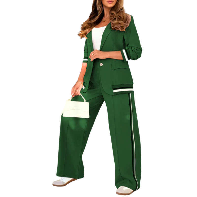 Elegant Patchwork Lapel Neck Top and Elastic Waist Trouser Set