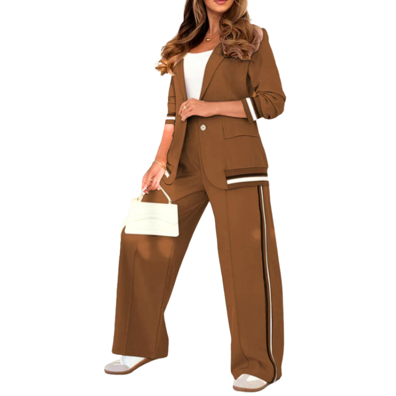 Elegant Patchwork Lapel Neck Top and Elastic Waist Trouser Set