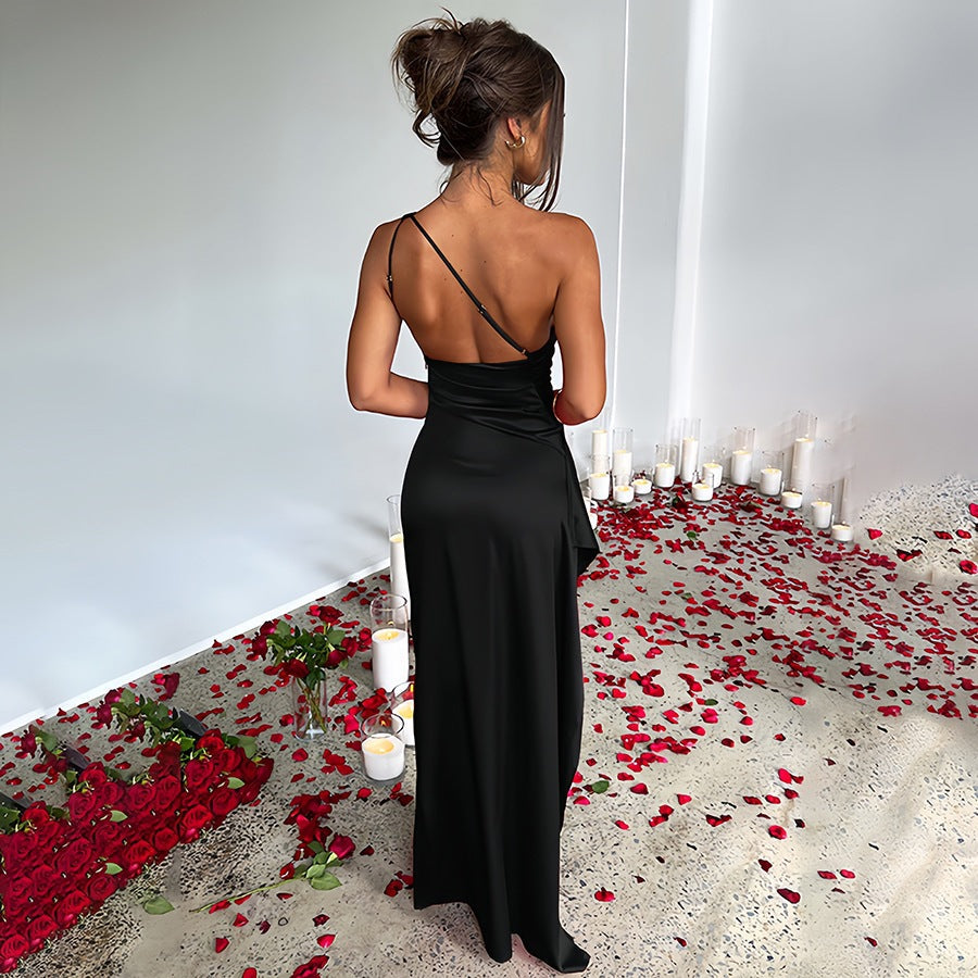 Madison One Shoulder Satin Ruched Maxi Dress