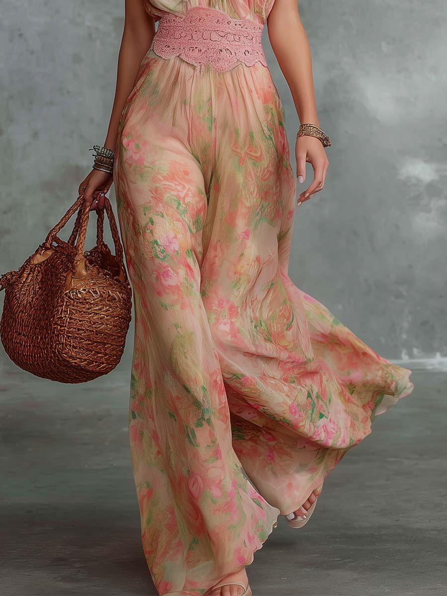 Retro Flowy V-Neck Oil-Painting Floral Print Chiffon Jumpsuit