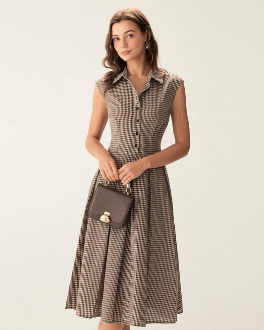 Karla Brown Plaid Button Pleated Midi Dress