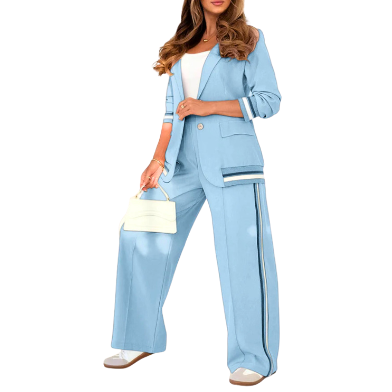 Elegant Patchwork Lapel Neck Top and Elastic Waist Trouser Set