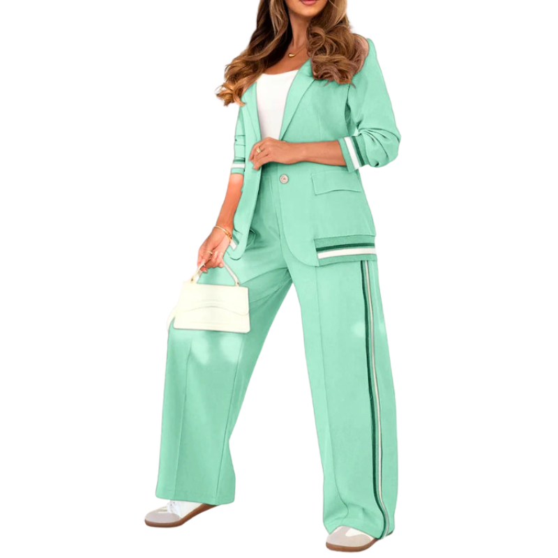 Elegant Patchwork Lapel Neck Top and Elastic Waist Trouser Set