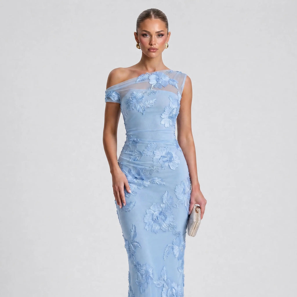 Elizabeth One-Shoulder 3D Floral Lace Maxi Dress