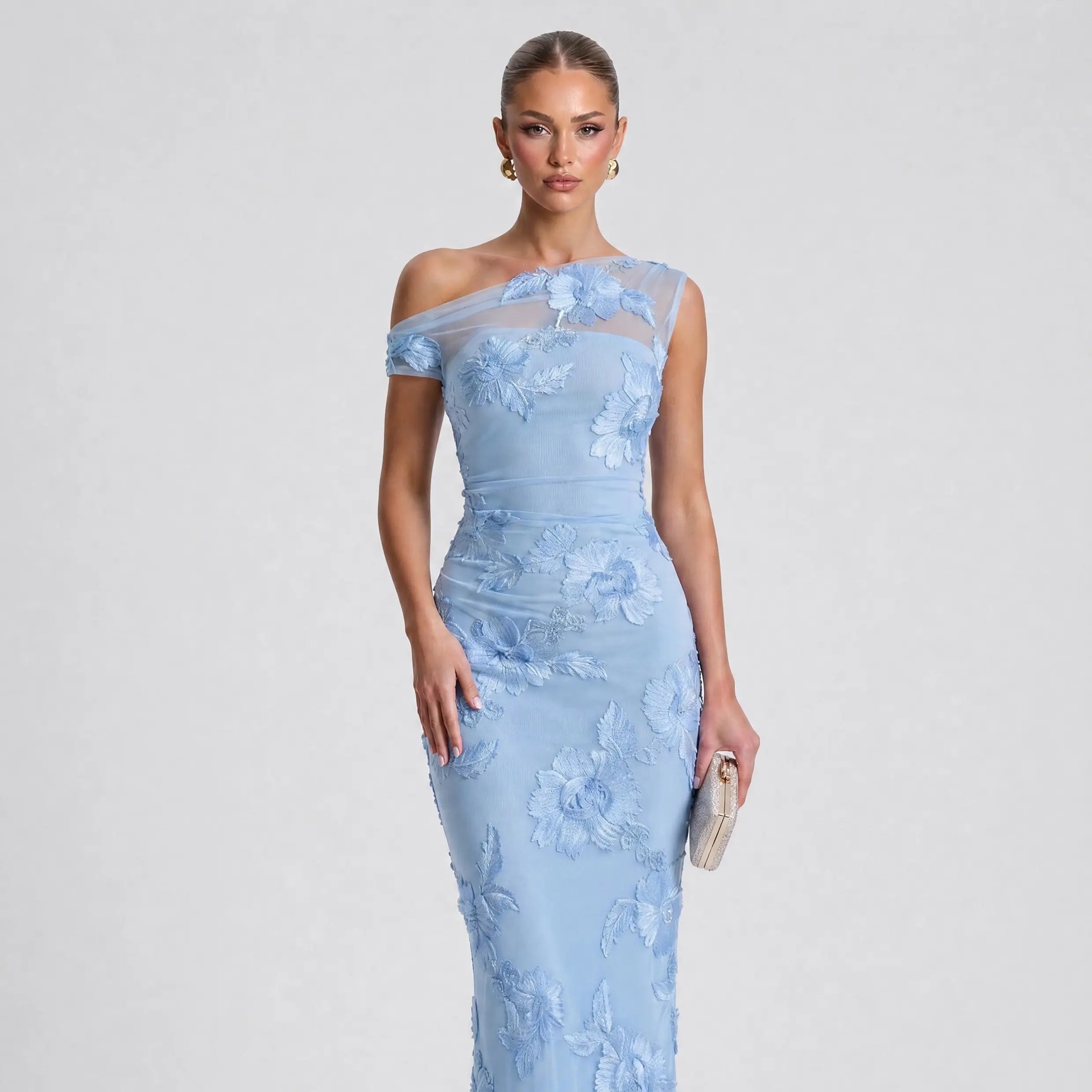 Elizabeth One-Shoulder 3D Floral Lace Maxi Dress