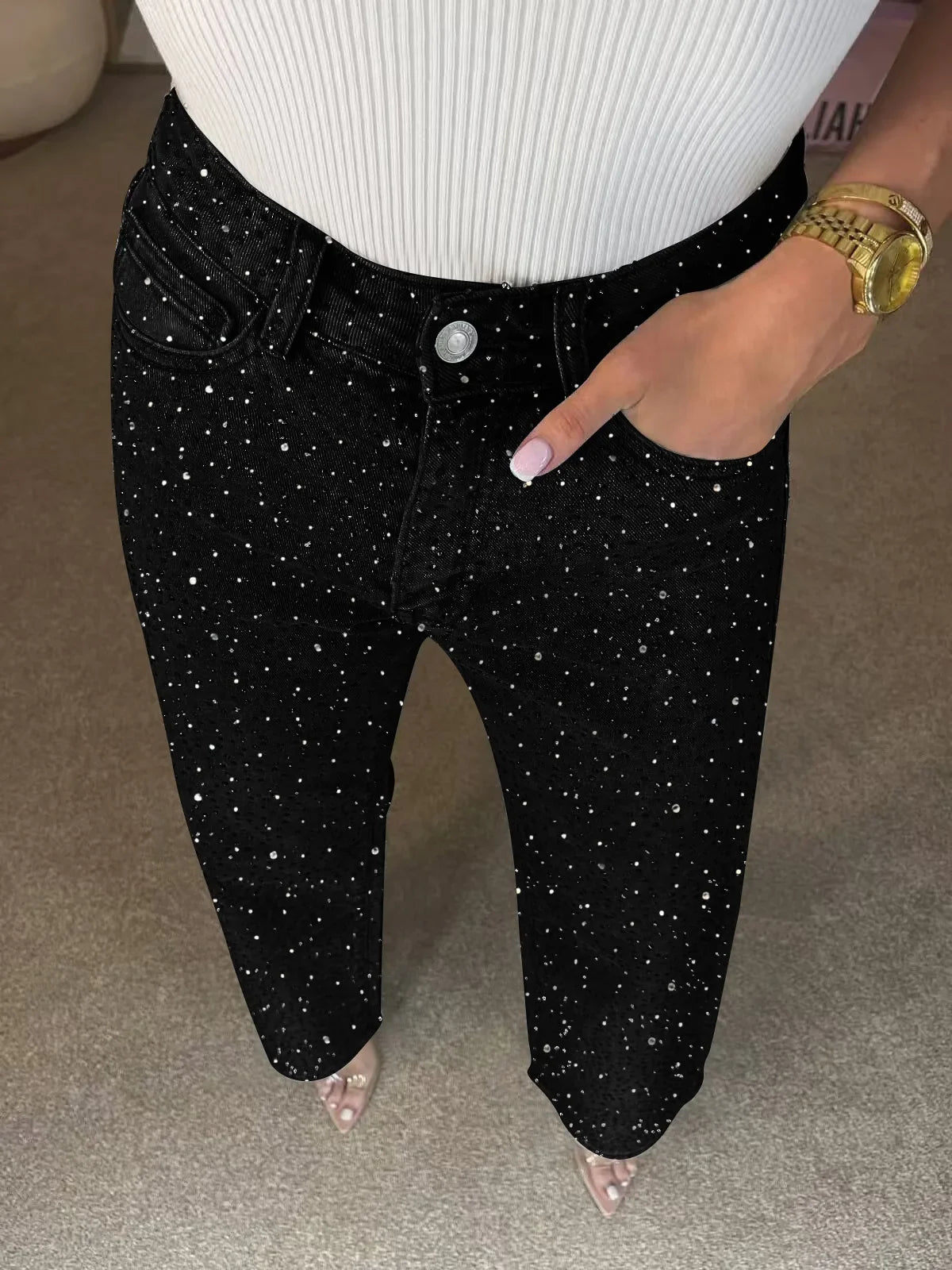 Womens Rhinestone Denim Jeans