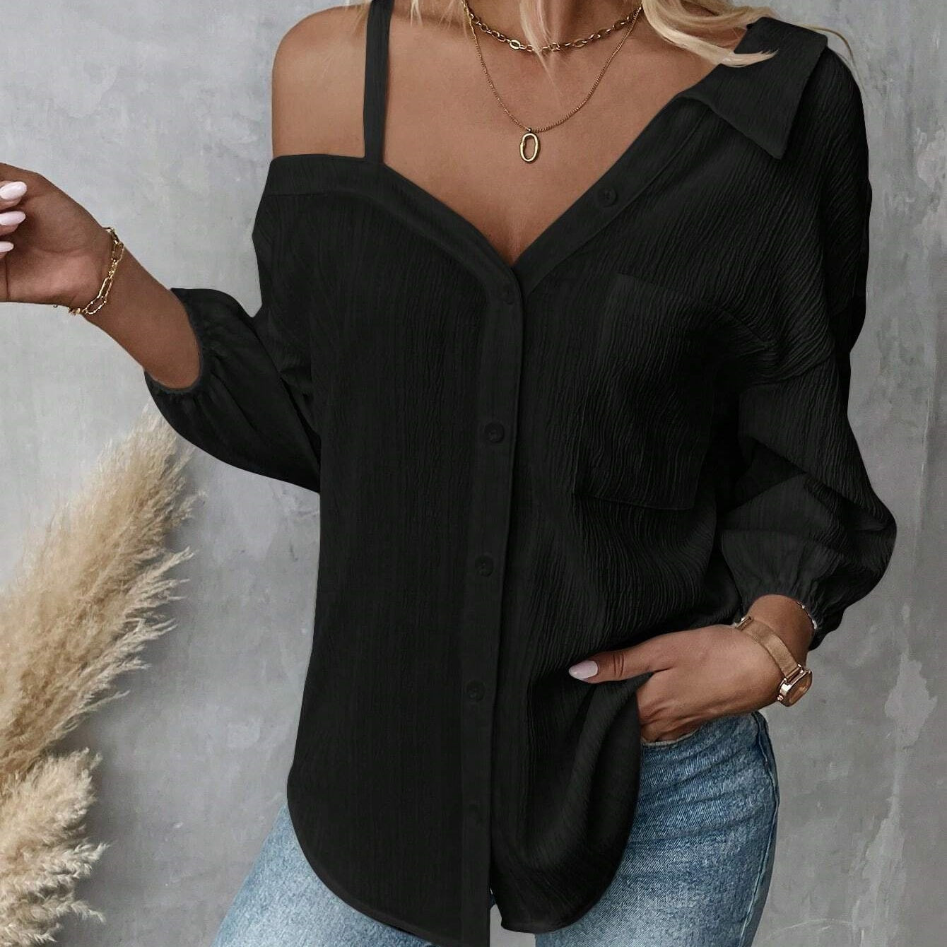 Victoria Asymmetric Cold Shoulder Textured Blouse