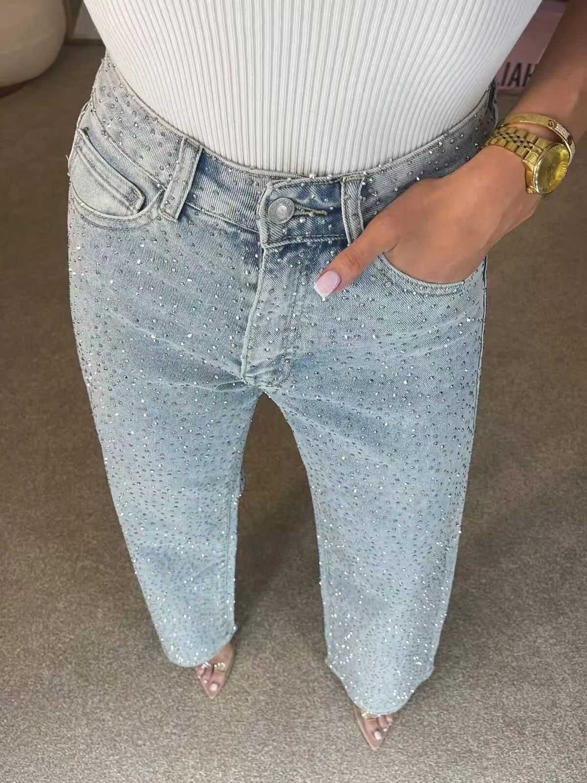 Womens Rhinestone Denim Jeans