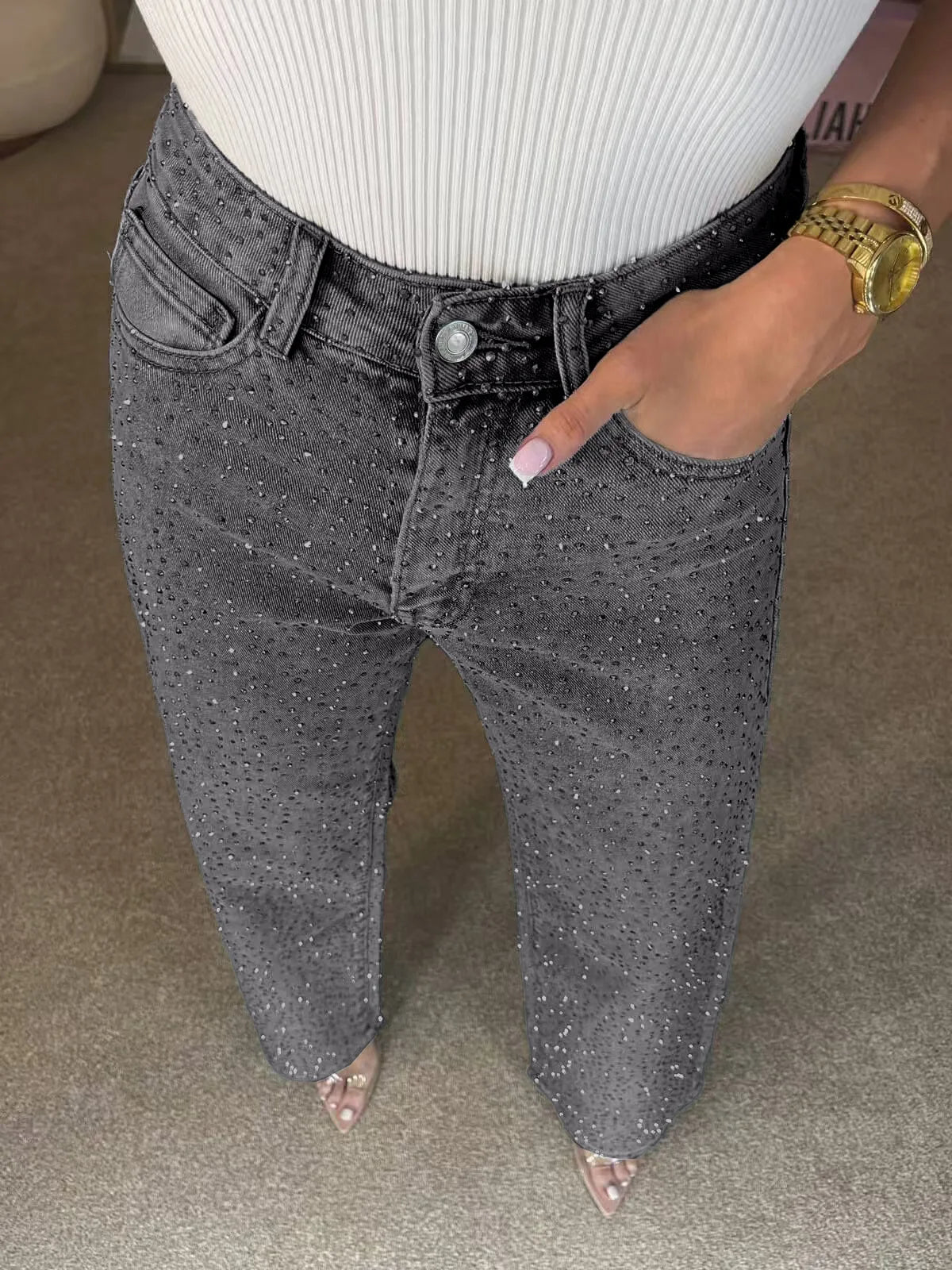 Womens Rhinestone Denim Jeans