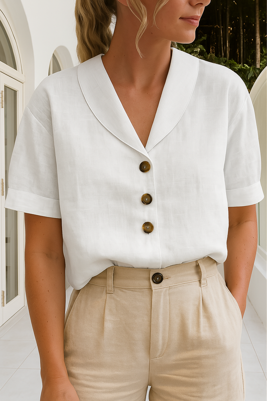 Women's Linen Blouse Short Sleeve Shawl Collar Button Front