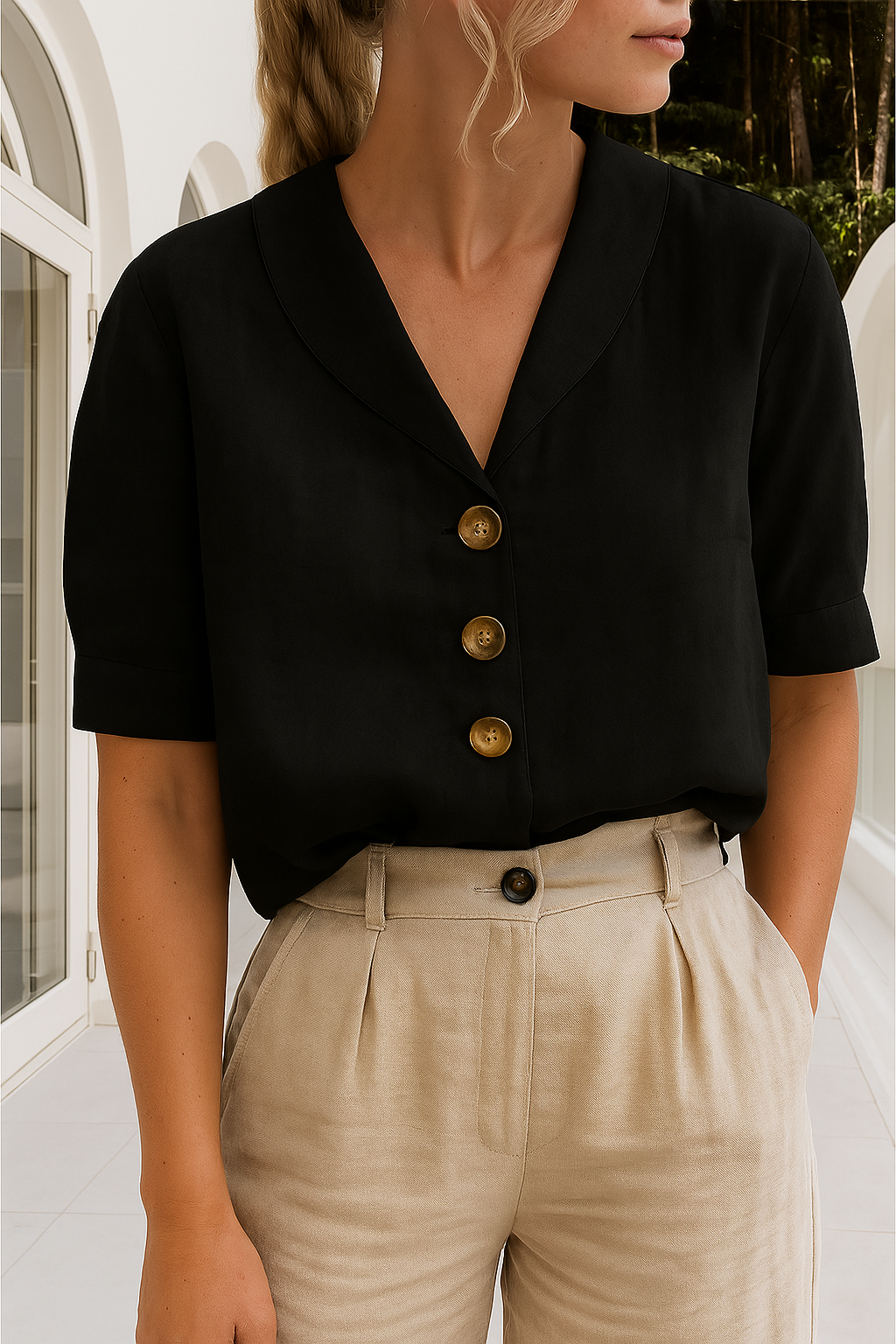 Women's Linen Blouse Short Sleeve Shawl Collar Button Front