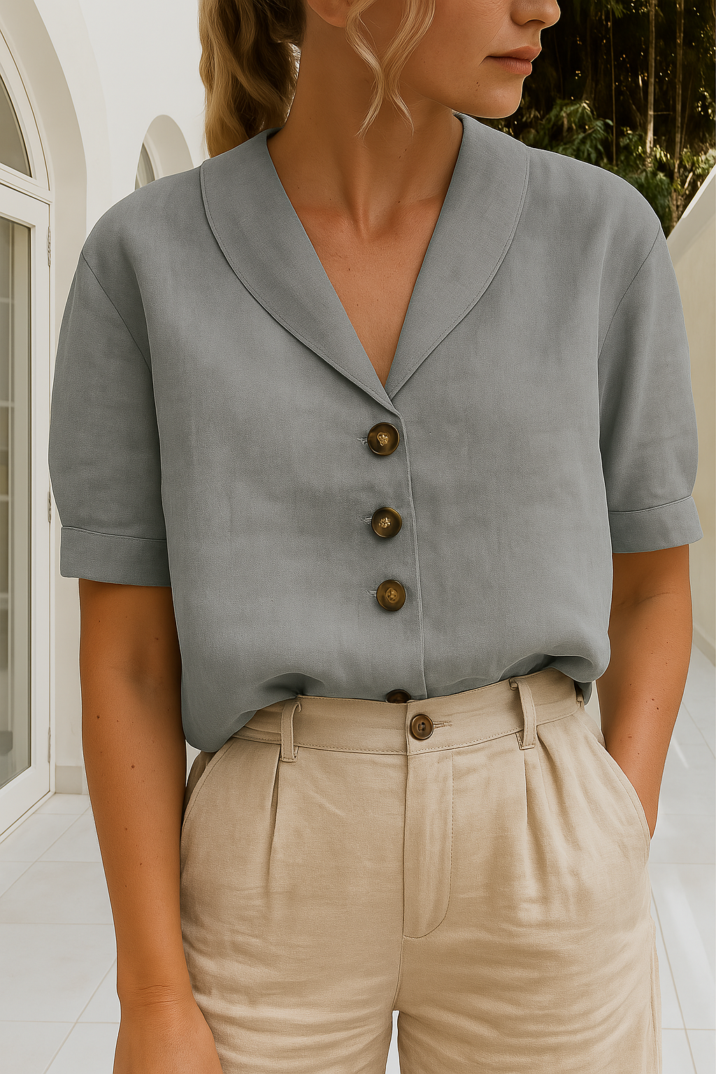Women's Linen Blouse Short Sleeve Shawl Collar Button Front