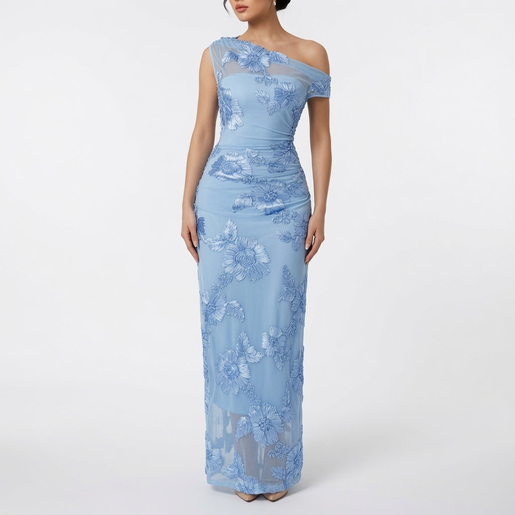 Elizabeth One-Shoulder 3D Floral Lace Maxi Dress