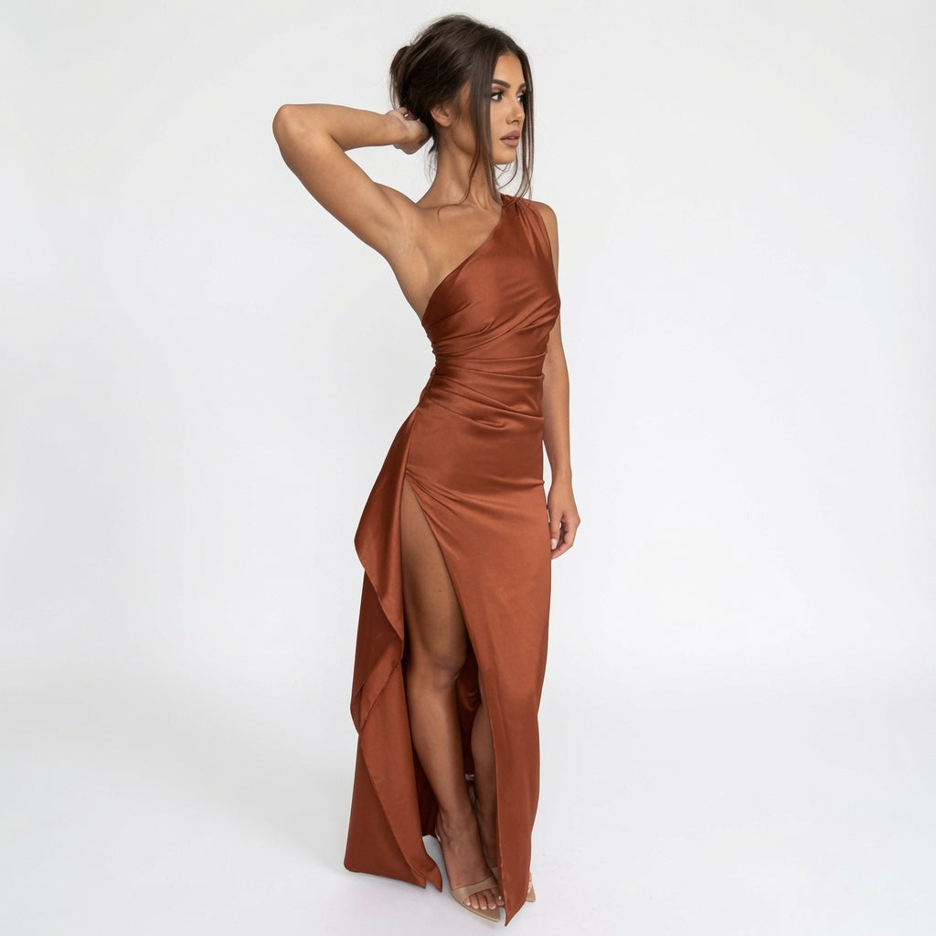 Madison One Shoulder Satin Ruched Maxi Dress