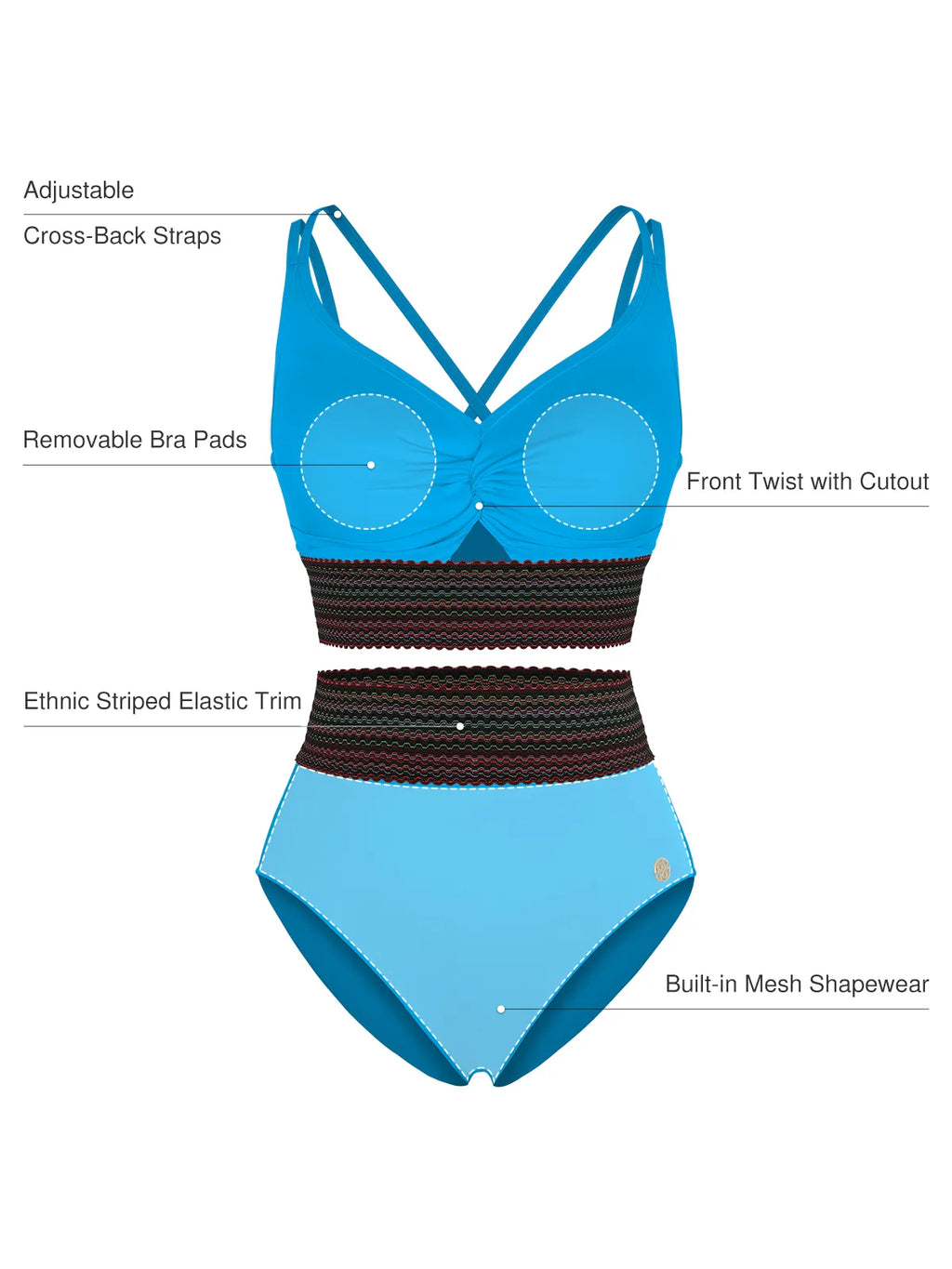 Boho Trim High Waist Tummy Control Bikini Set