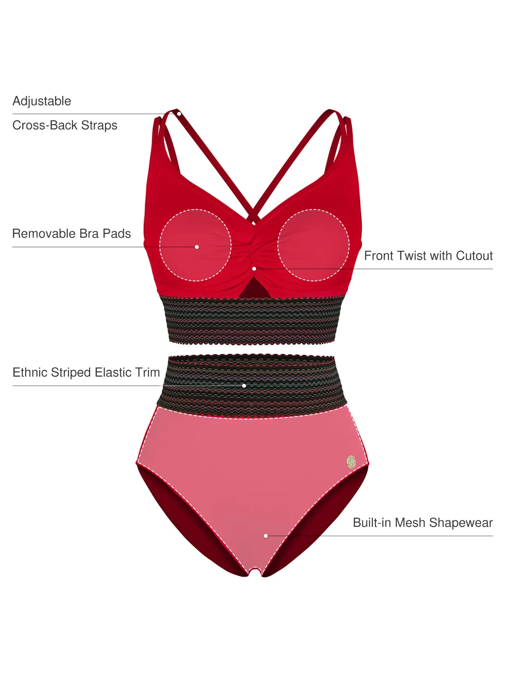 Boho Trim High Waist Tummy Control Bikini Set
