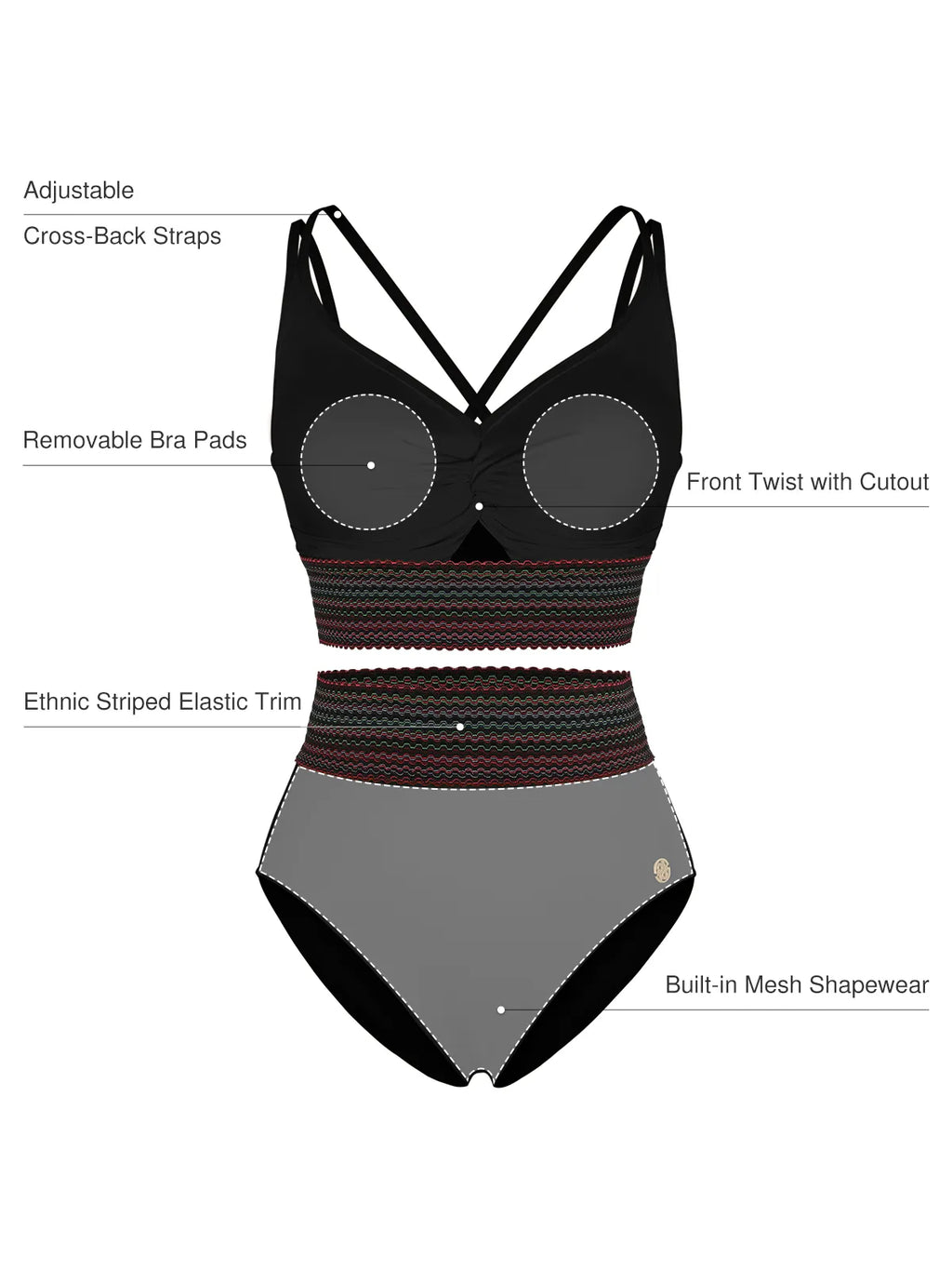 Boho Trim High Waist Tummy Control Bikini Set
