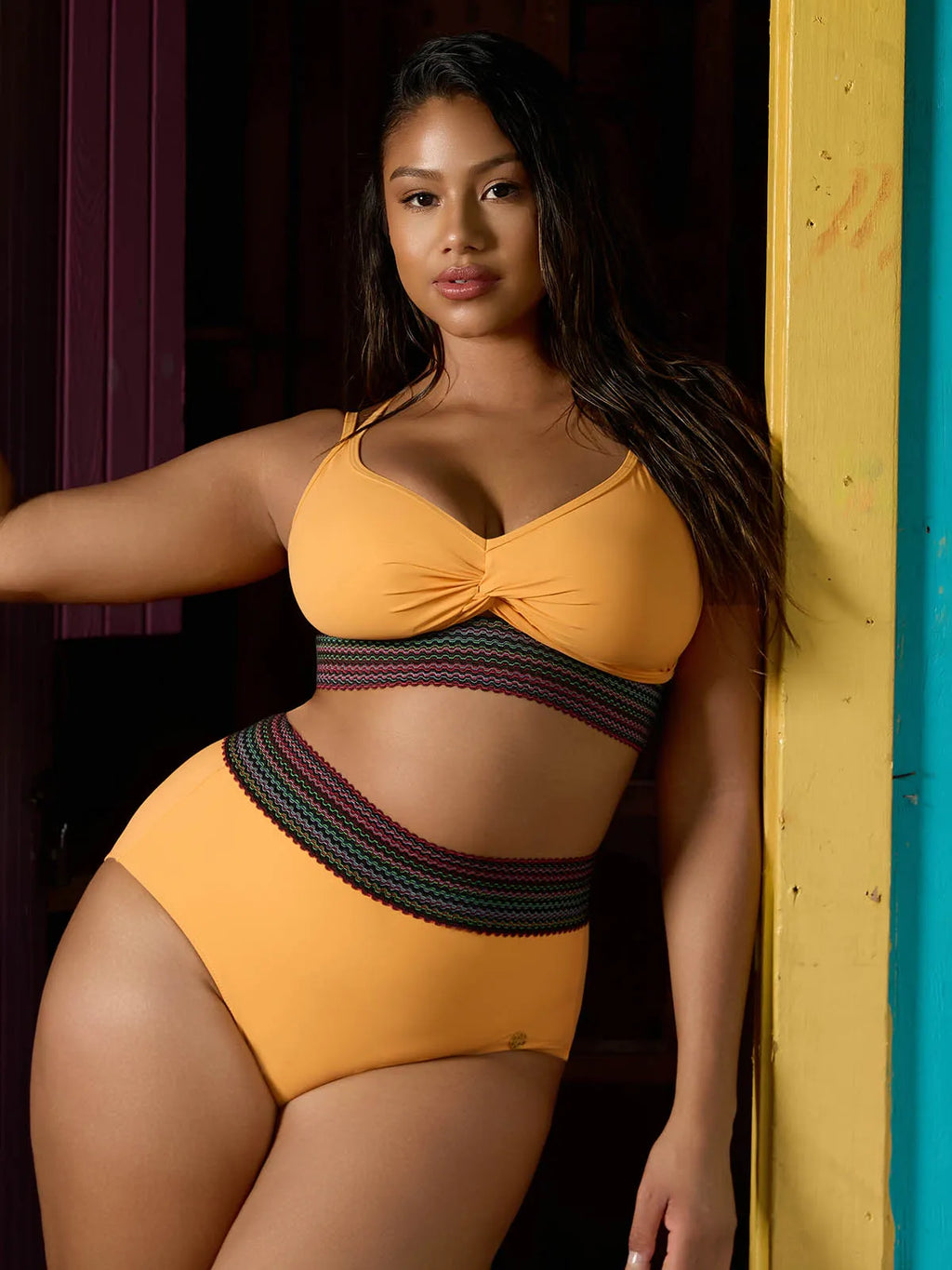 Boho Trim High Waist Tummy Control Bikini Set