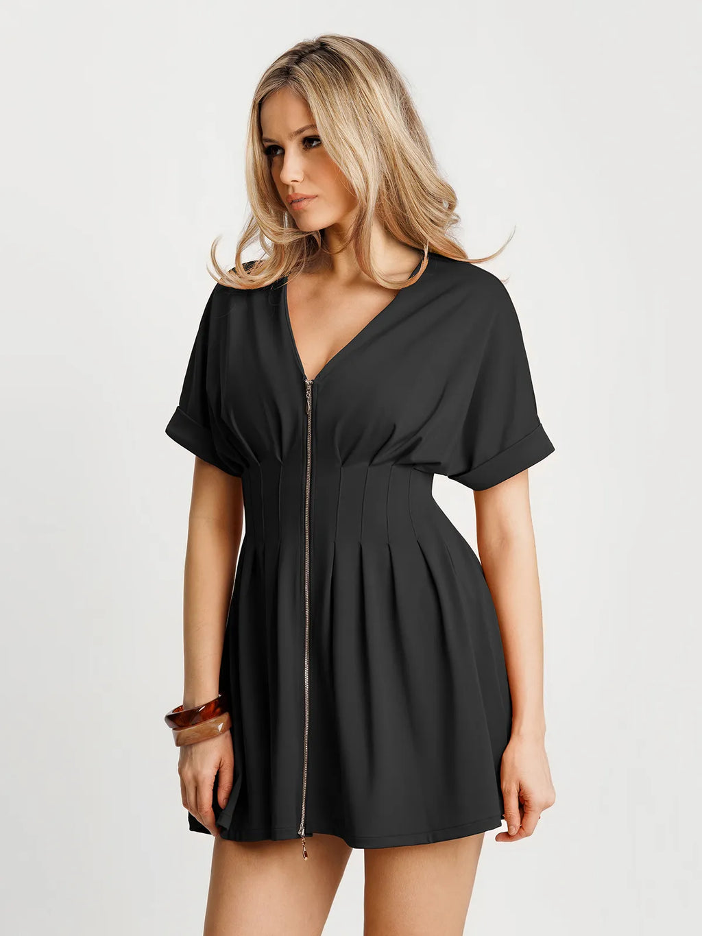 Deep V Zip Front Two-Piece Sculpting Mini Dress