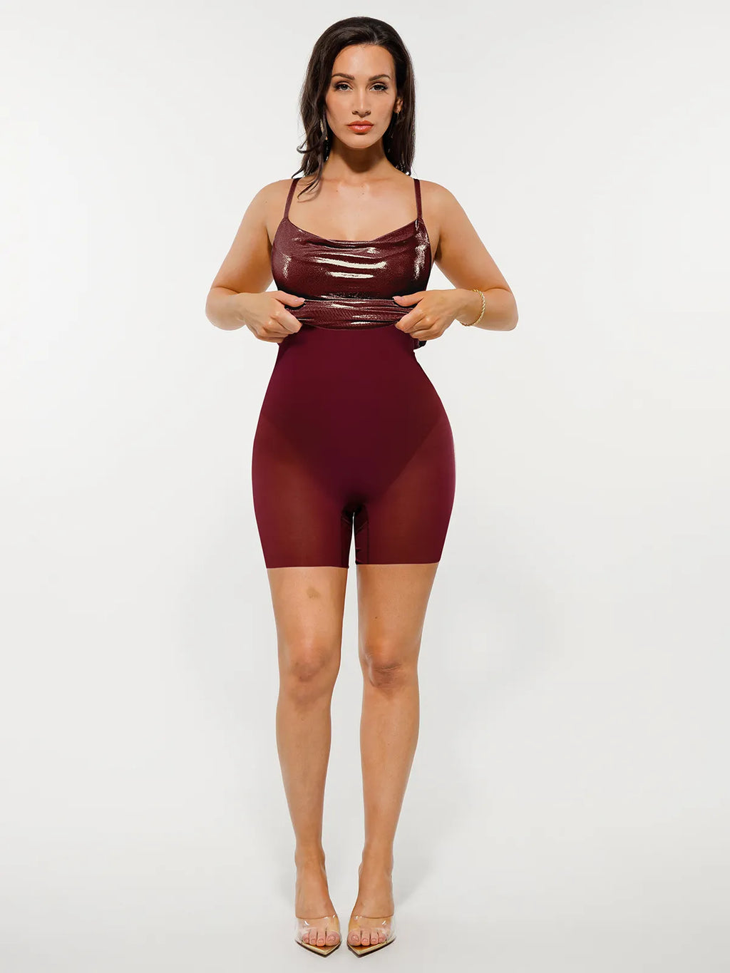Metallic Cowl Neck Side Ruched Sculpting Tummy Control Midi Dress