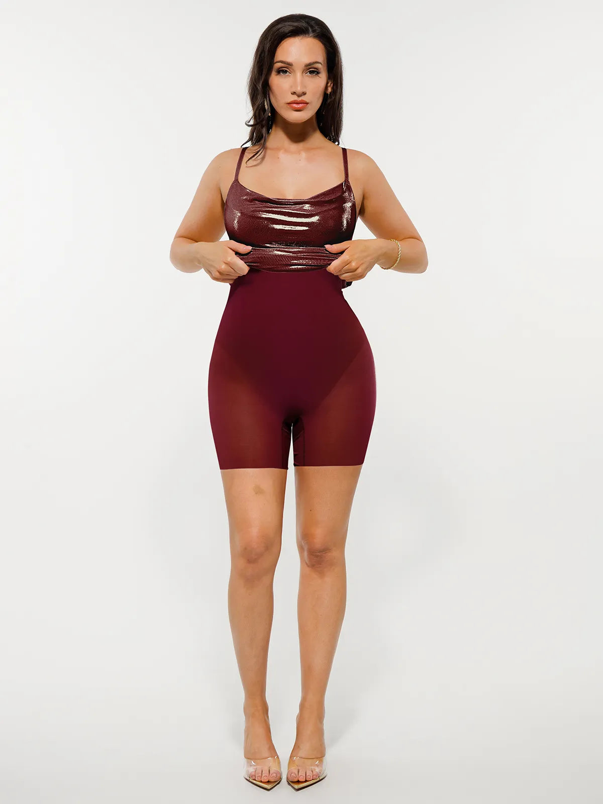 Metallic Cowl Neck Side Ruched Sculpting Tummy Control Midi Dress