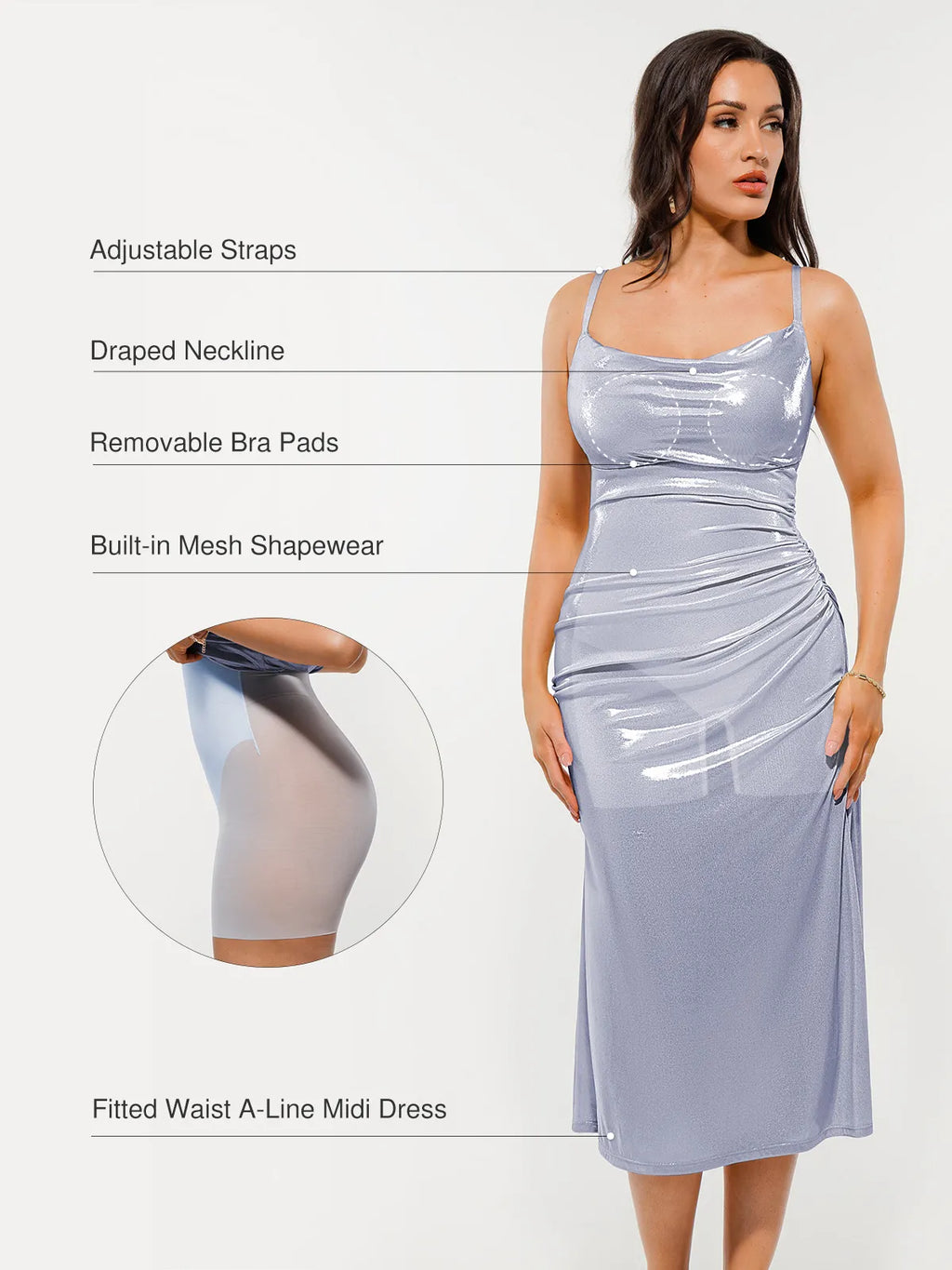 Metallic Cowl Neck Side Ruched Sculpting Tummy Control Midi Dress