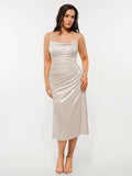 Metallic Cowl Neck Side Ruched Sculpting Tummy Control Midi Dress