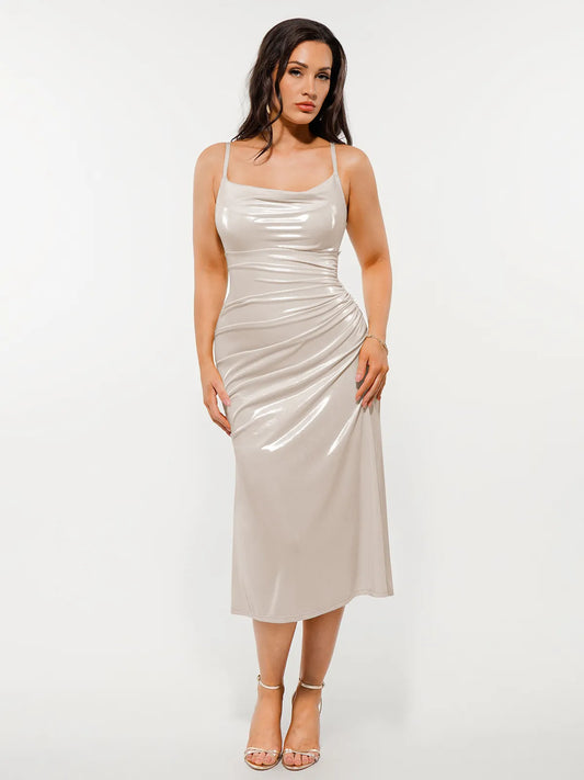 Metallic Cowl Neck Side Ruched Sculpting Tummy Control Midi Dress