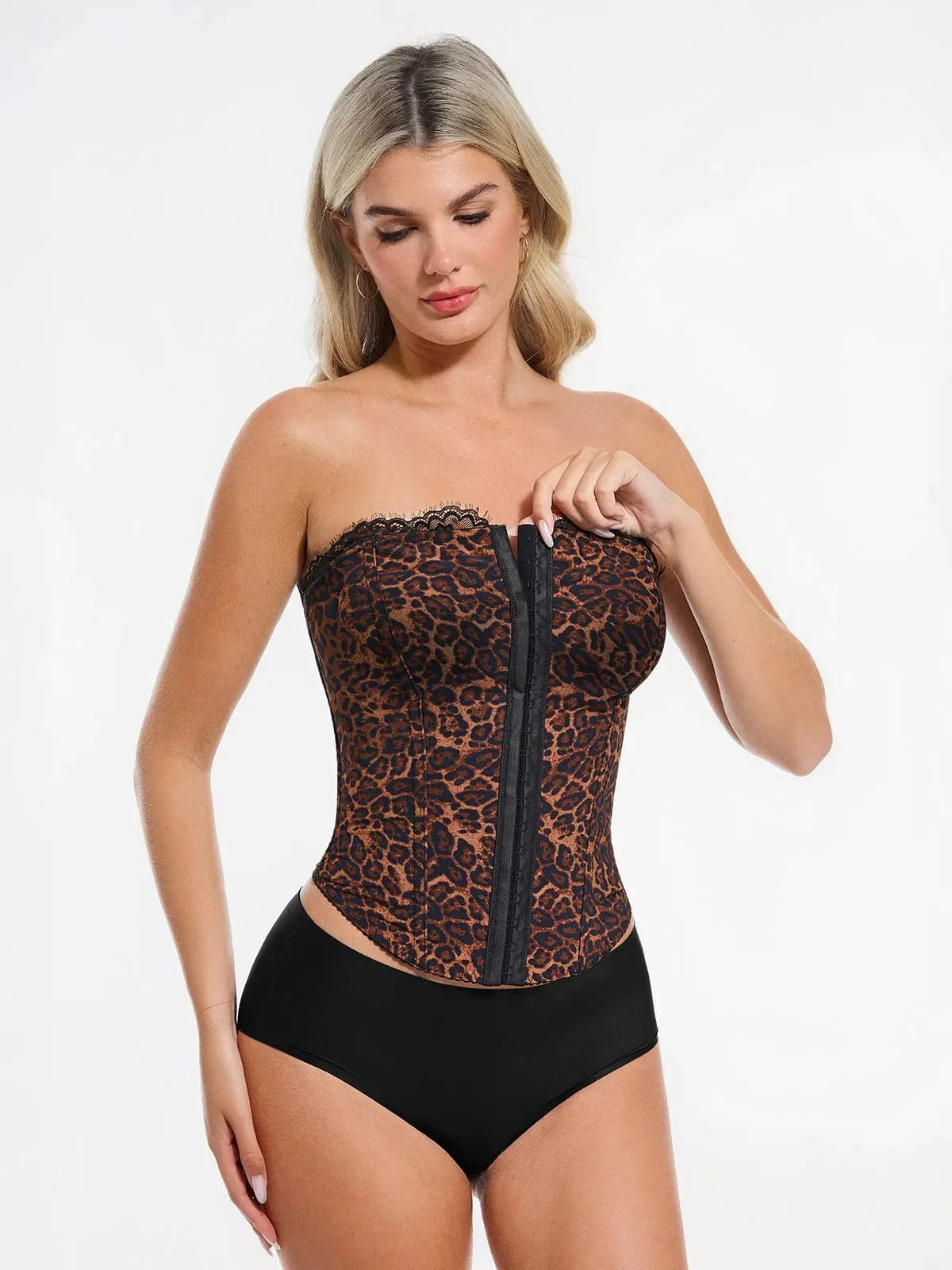 Shapewear Sculpting Leopard Mesh Detachable Strap Corset Top