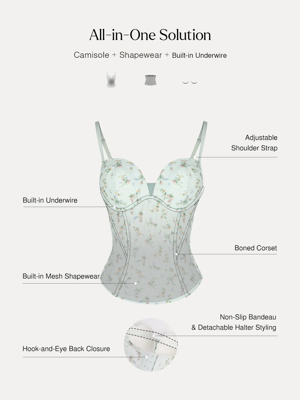 Sculpting Push-Up Lace Floral Boned Convertible Strap Corset Top