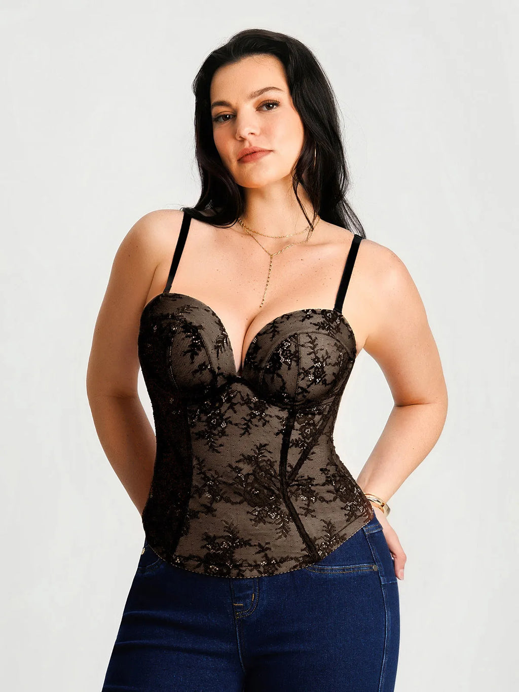 Sculpting Push-Up Lace Floral Boned Convertible Strap Corset Top