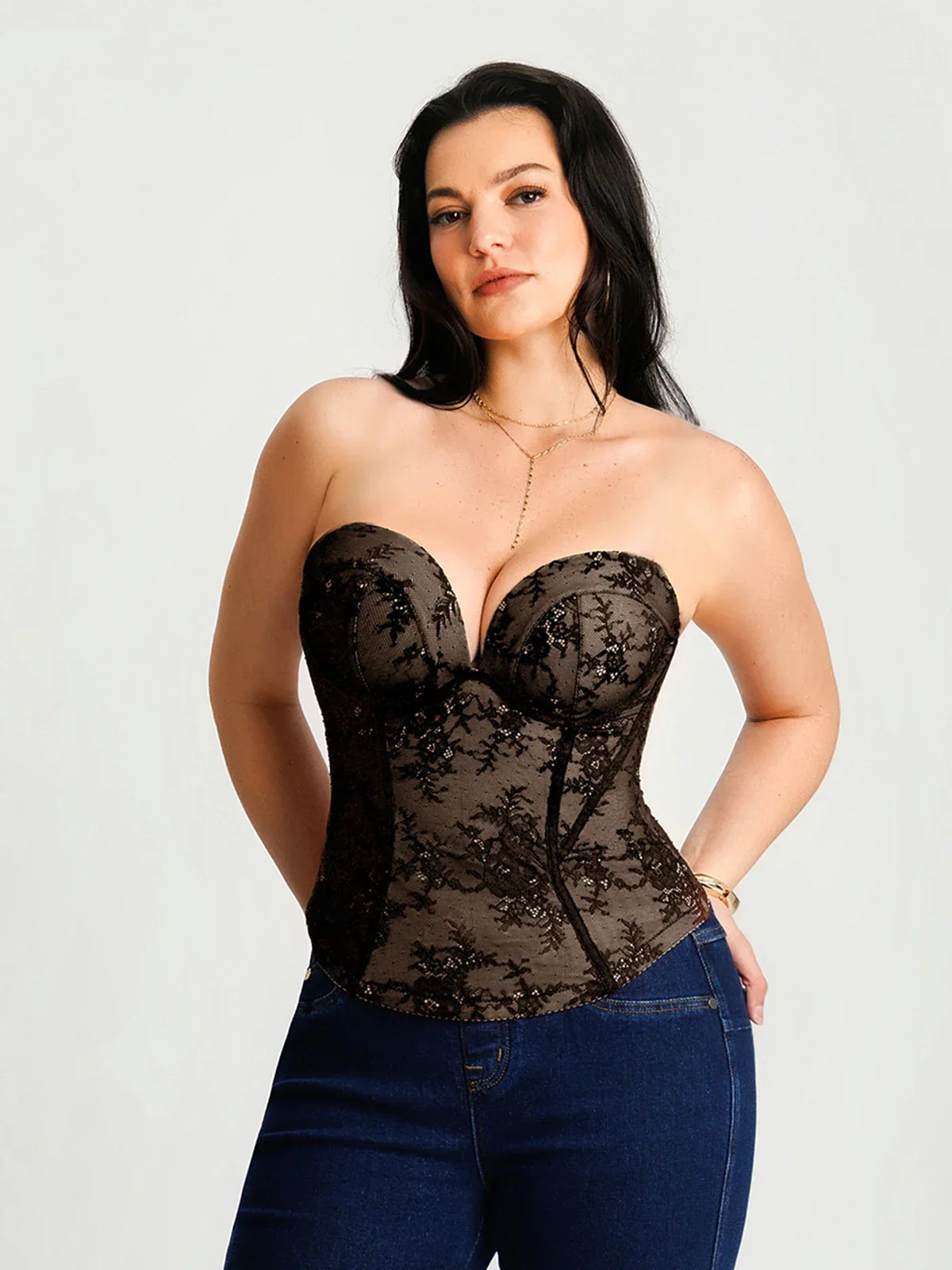Sculpting Push-Up Lace Floral Boned Convertible Strap Corset Top