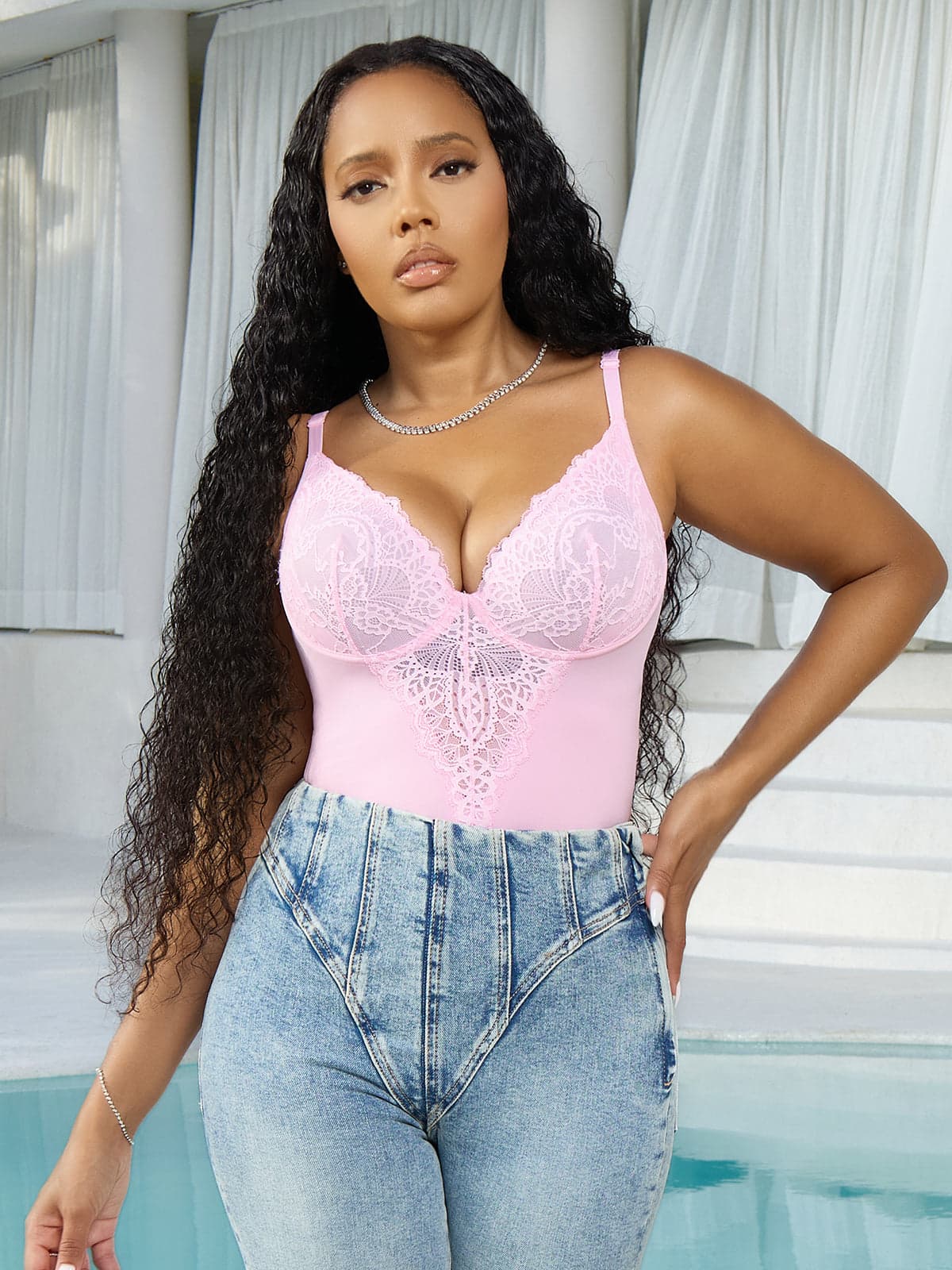 Seamless Lace V-Neck Shapewear Bodysuit