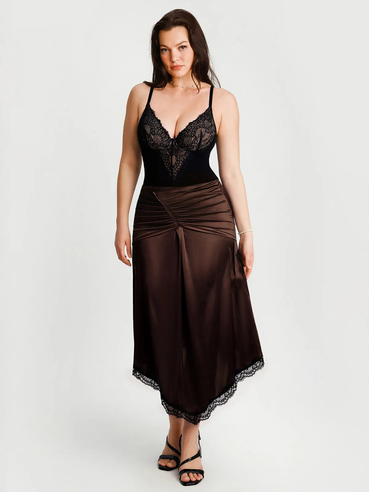 Shapewear Asymmetric Ruched Lace Midi Skirt