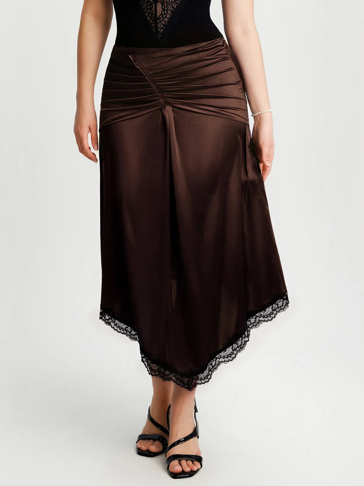 Shapewear Asymmetric Ruched Lace Midi Skirt