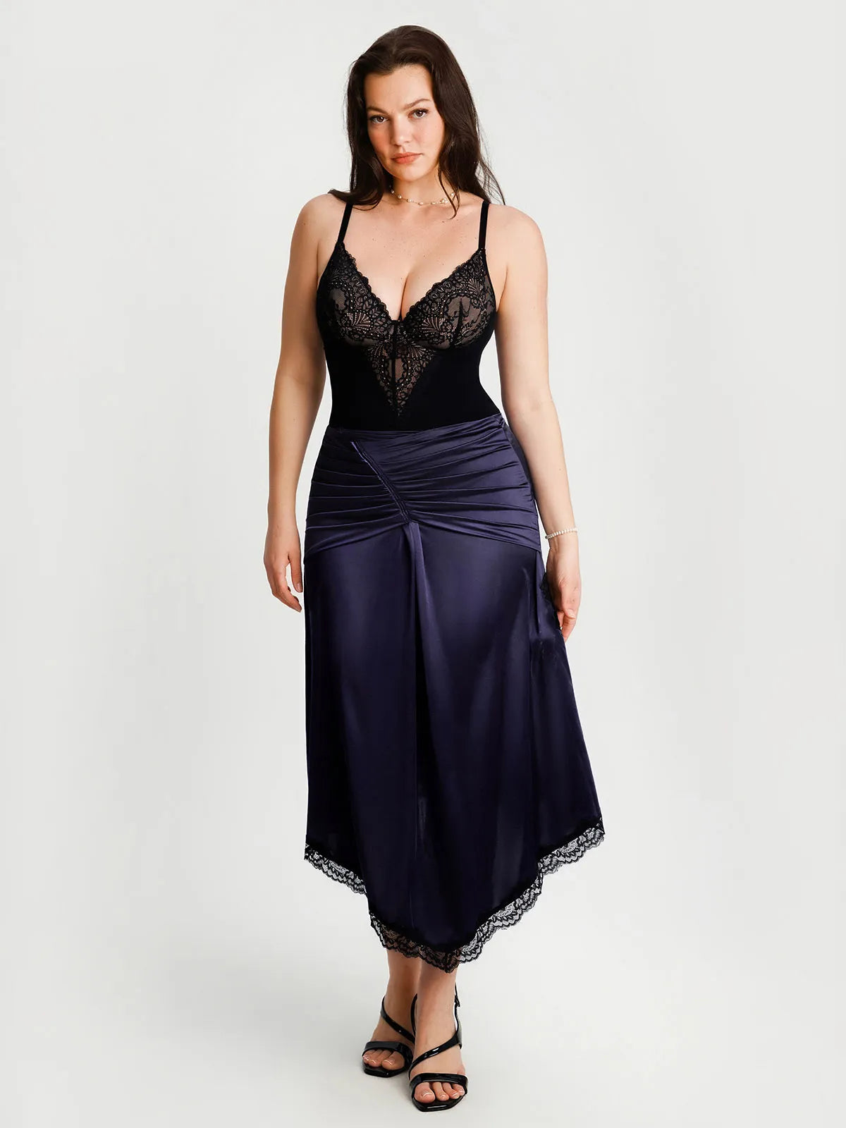 Shapewear Asymmetric Ruched Lace Midi Skirt