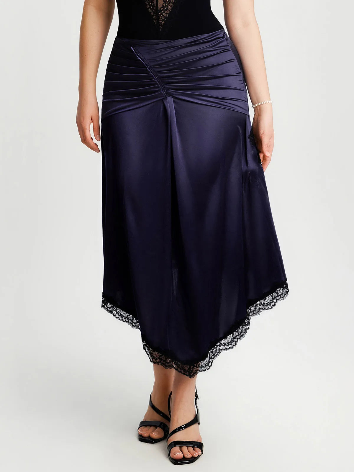 Shapewear Asymmetric Ruched Lace Midi Skirt