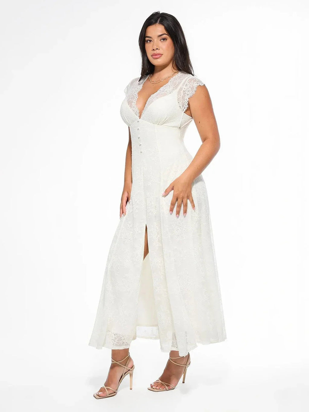 Shapewear Boho Floral Lace Front Slit Maxi Dress