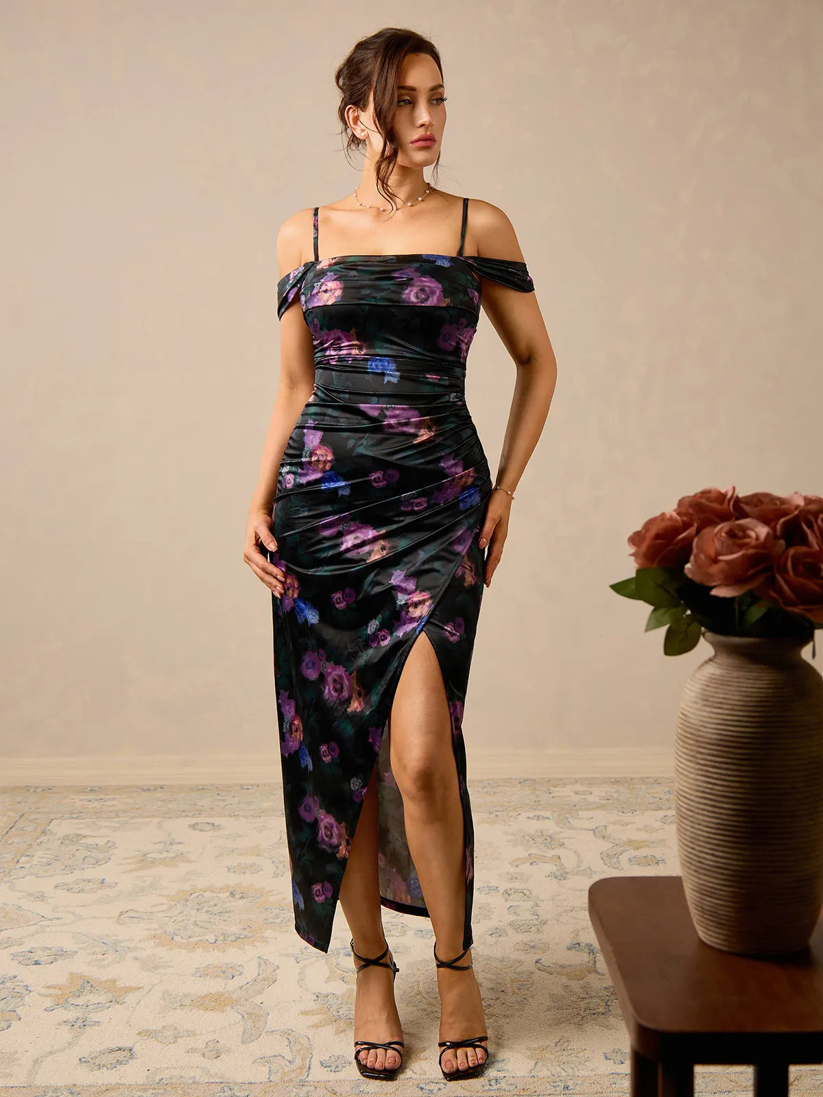 Shapewear Off Shoulder Shine Ruched Sculpting Maxi Dress
