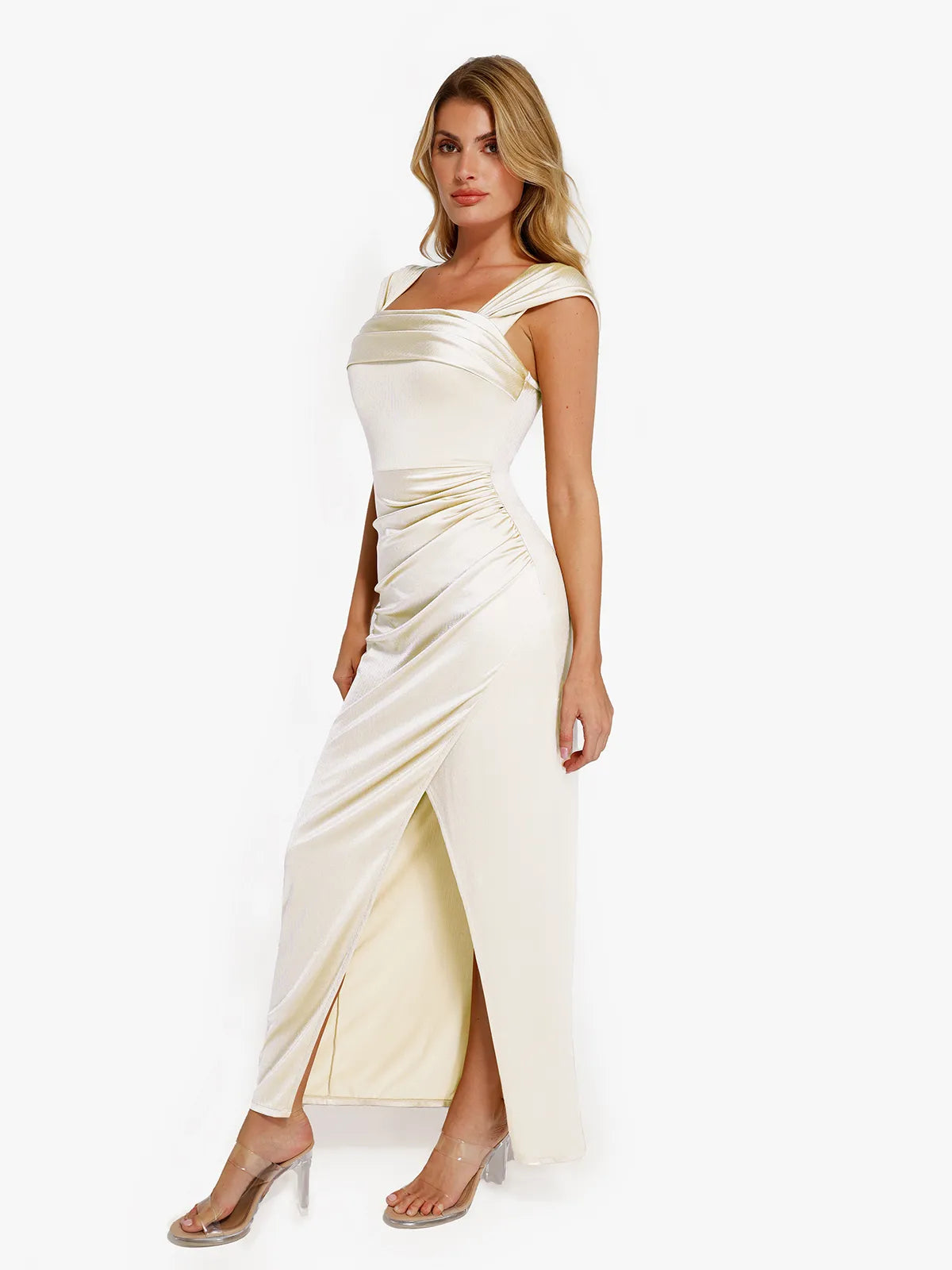 Shapewear Off Shoulder Shine Ruched Sculpting Maxi Dress